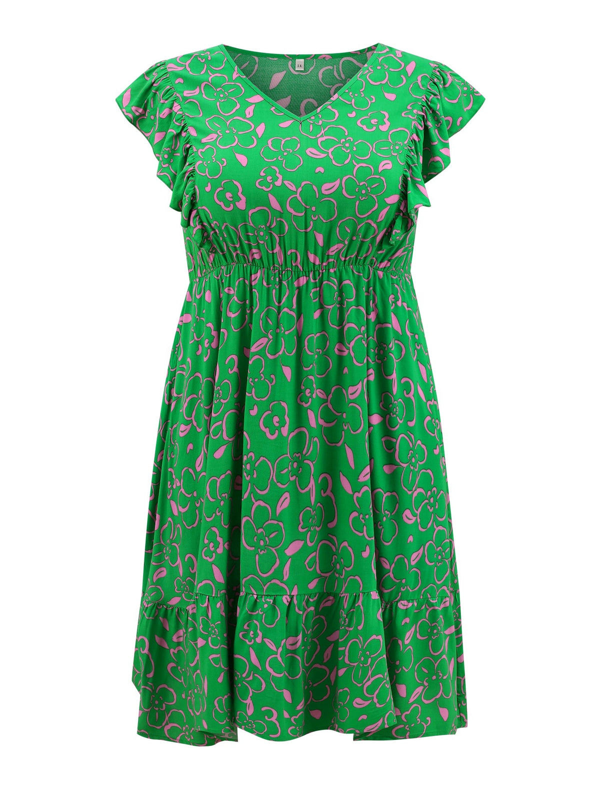 thumbnail image 4 of DARING DIVA Plus Size V Neck Ruffle Sleeve Knee Length Casual Dress 1X Green, 4 of 5