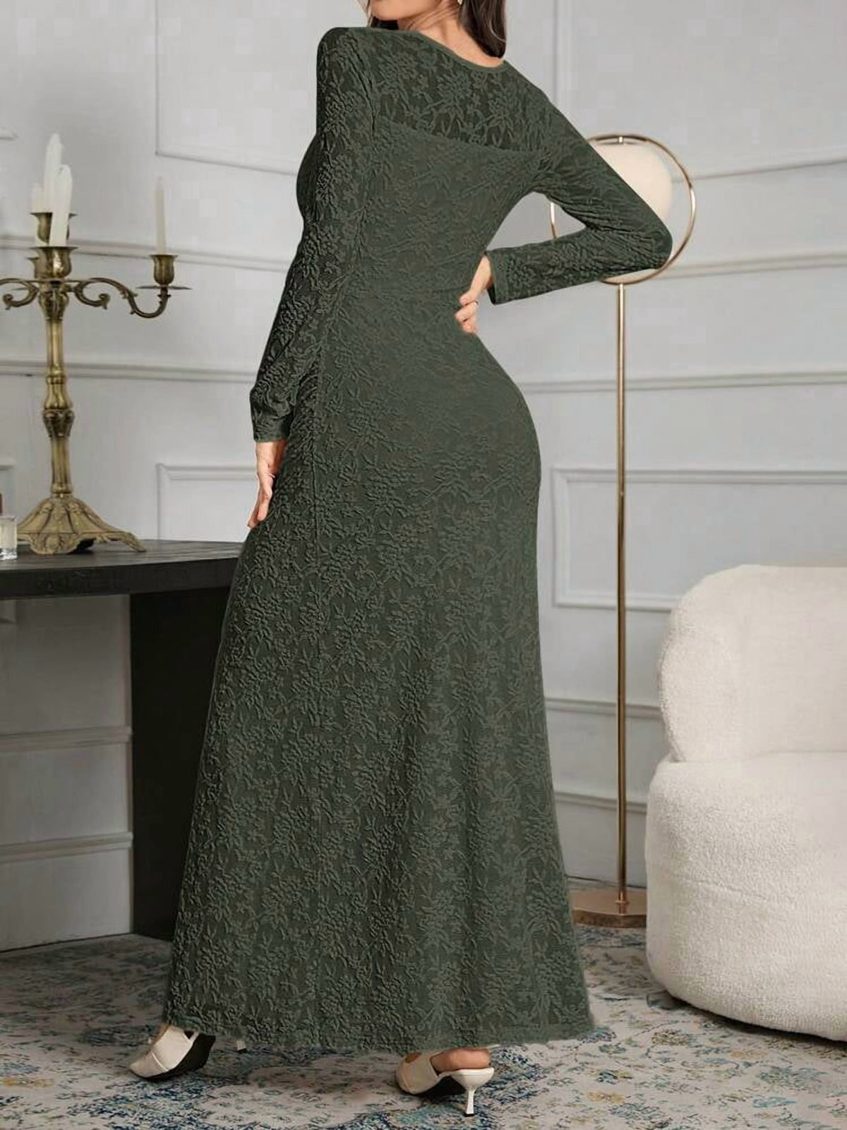 thumbnail image 2 of Dark Green Long Sleeve Square Neck Lace Bodycon Evening Dress, 2 of 6