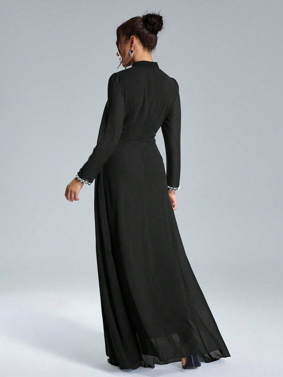 thumbnail image 2 of Black Long Sleeve Formal Evening Gown with Sequin Pearl Cuffs, 2 of 8