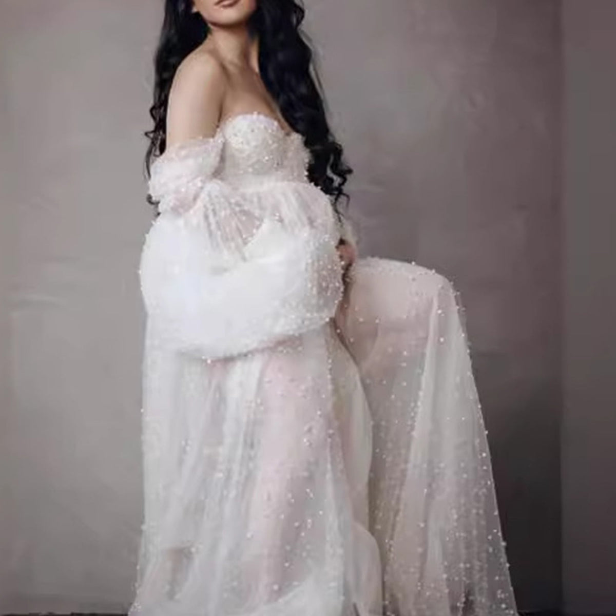 thumbnail image 5 of Adjustable Maternity Maxi Dress for Photography Off Shoulder Design Polyester Fabric Comfort Wear Pregnancy, 5 of 8
