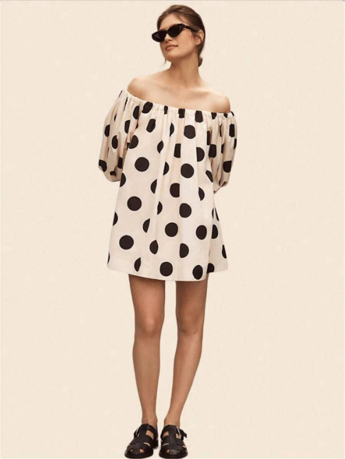 thumbnail image 5 of Womens Black and White Polka Dot Off Shoulder Loose Fit Mini Dress, 5 of 5