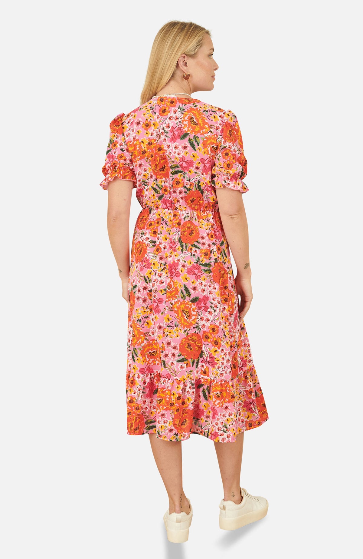 thumbnail image 2 of Yumi Puff Sleeve V-Neck Printed Midi Dress - Pink, 4, 2 of 6