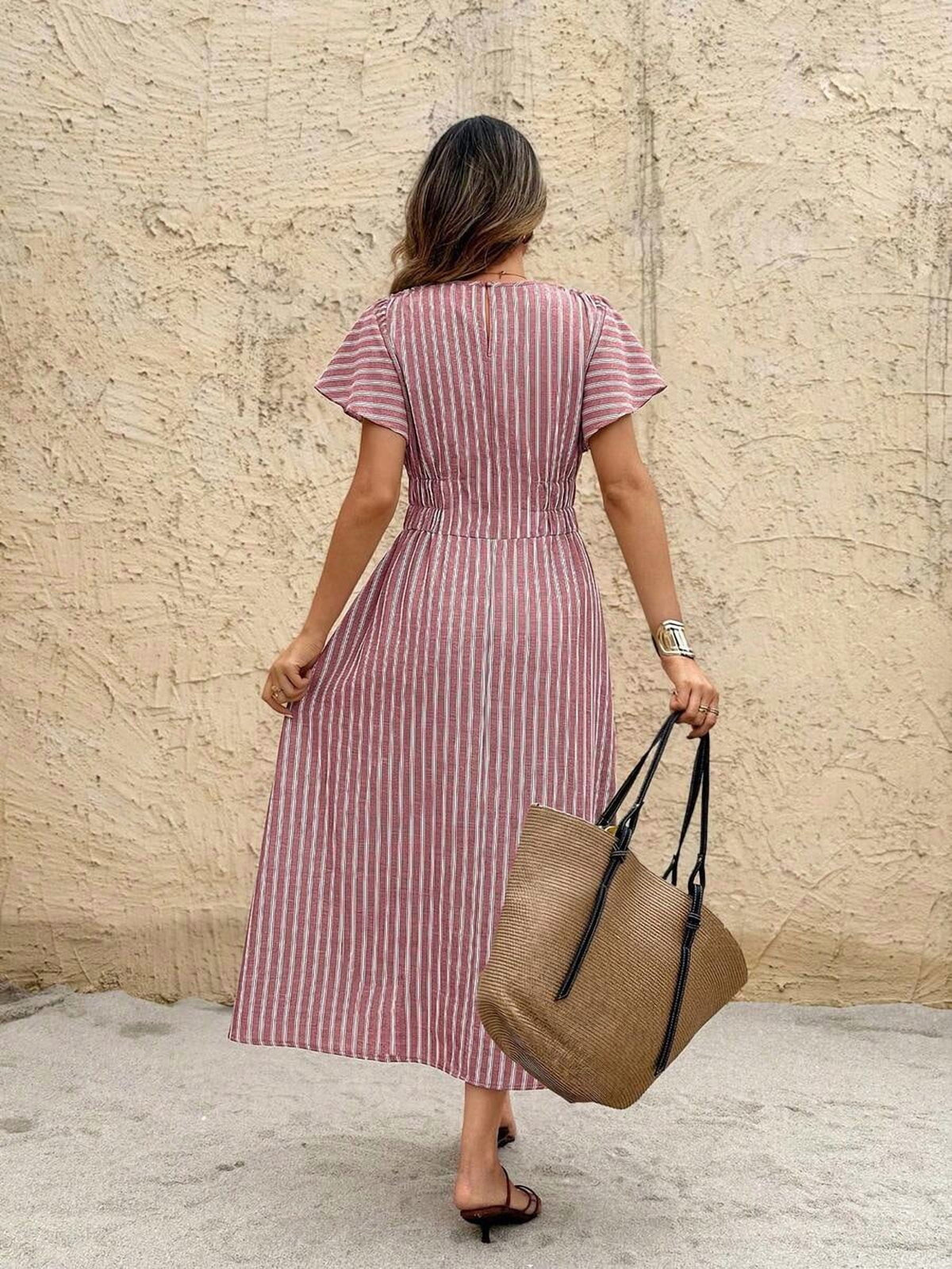 thumbnail image 2 of Womens Burgundy Ruffle Sleeve Vertical Stripe Midi Dress Summer Vacation, 2 of 7
