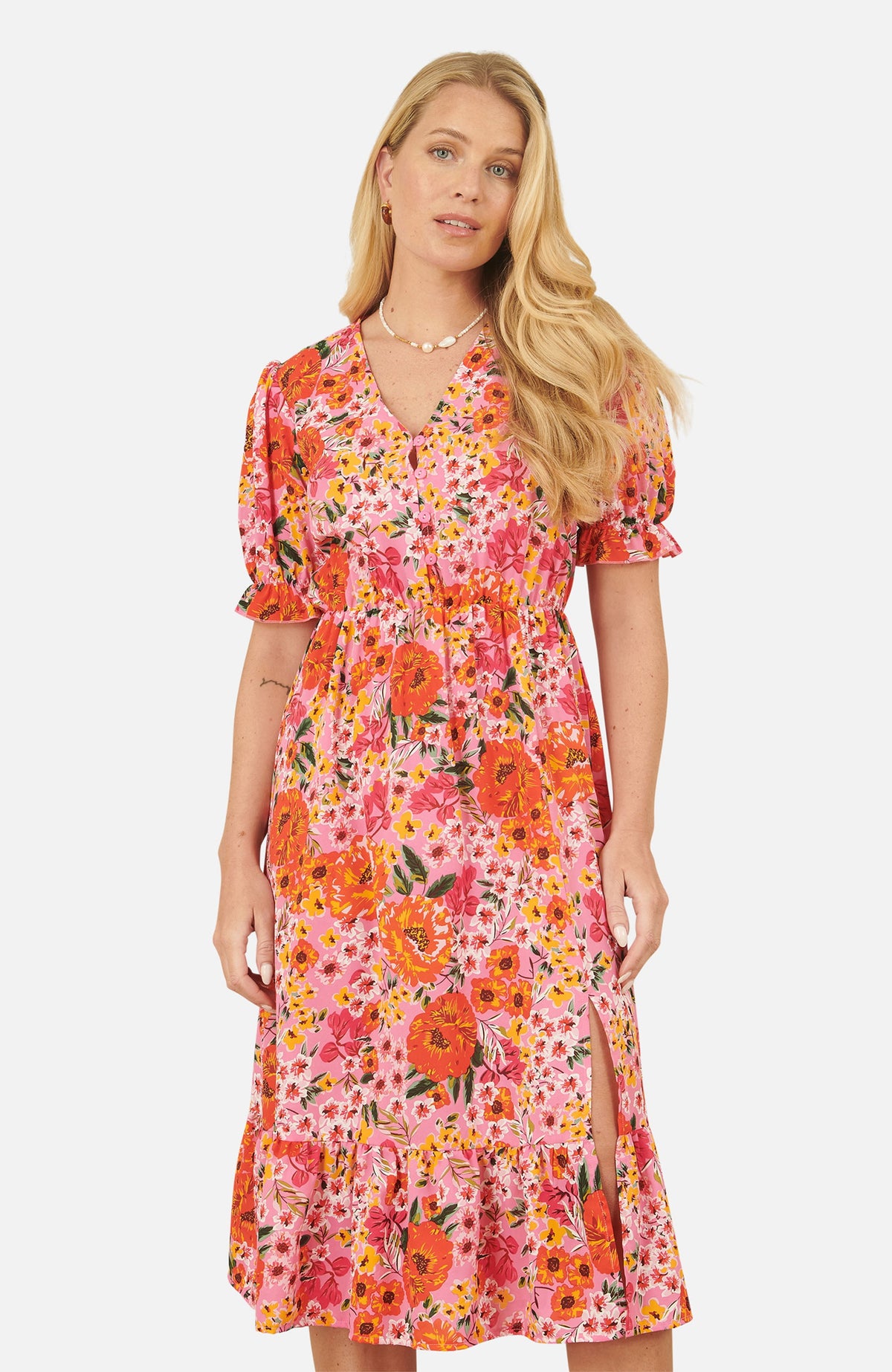 thumbnail image 3 of Yumi Puff Sleeve V-Neck Printed Midi Dress - Pink, 4, 3 of 6