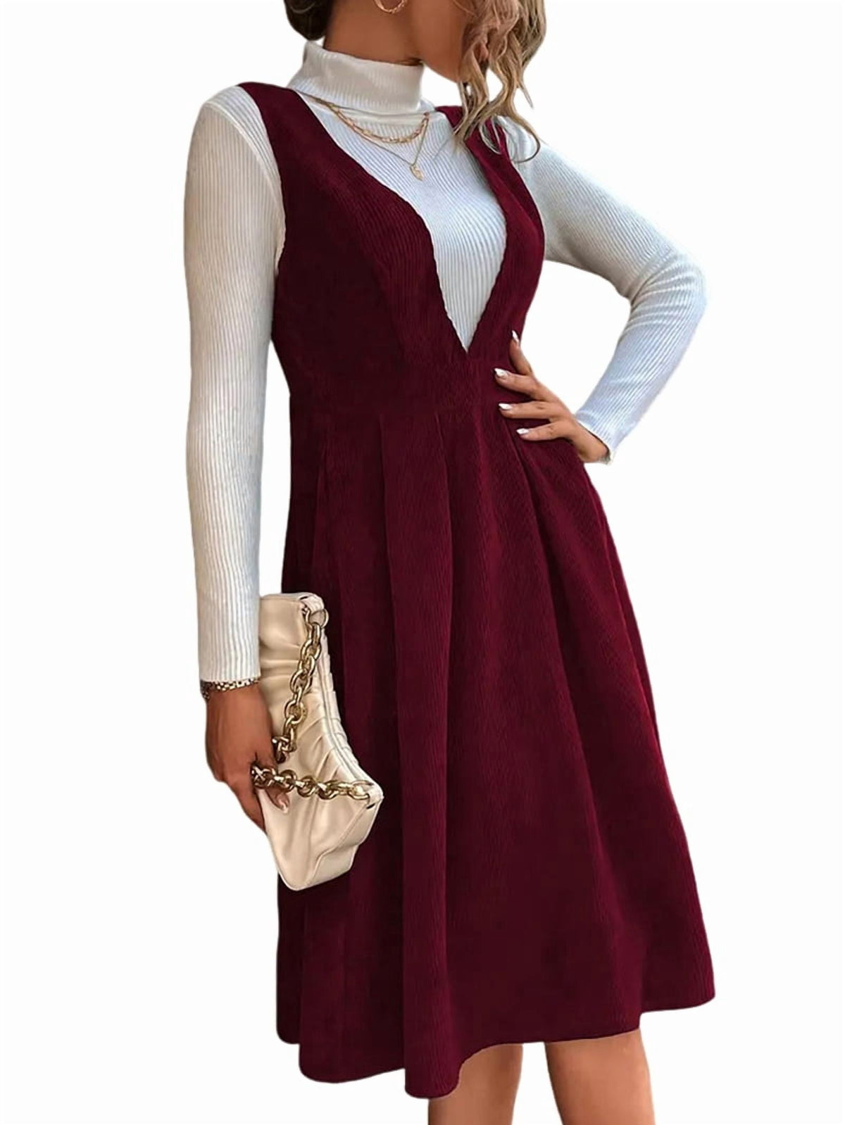 thumbnail image 3 of Women V Neck Corduroy Overall Dress Fall Mini Pinafore Jumper Dress Red S, 3 of 9