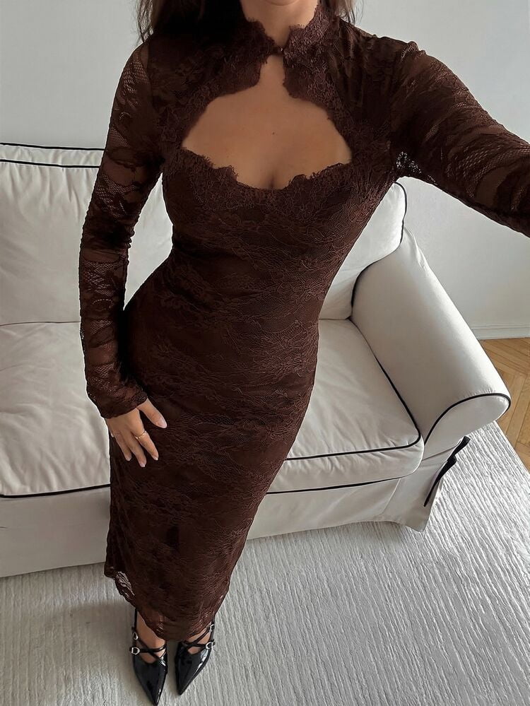 thumbnail image 6 of Coffee Brown Lace Maxi Dress with Keyhole Neckline and Long Sleeves, 6 of 7