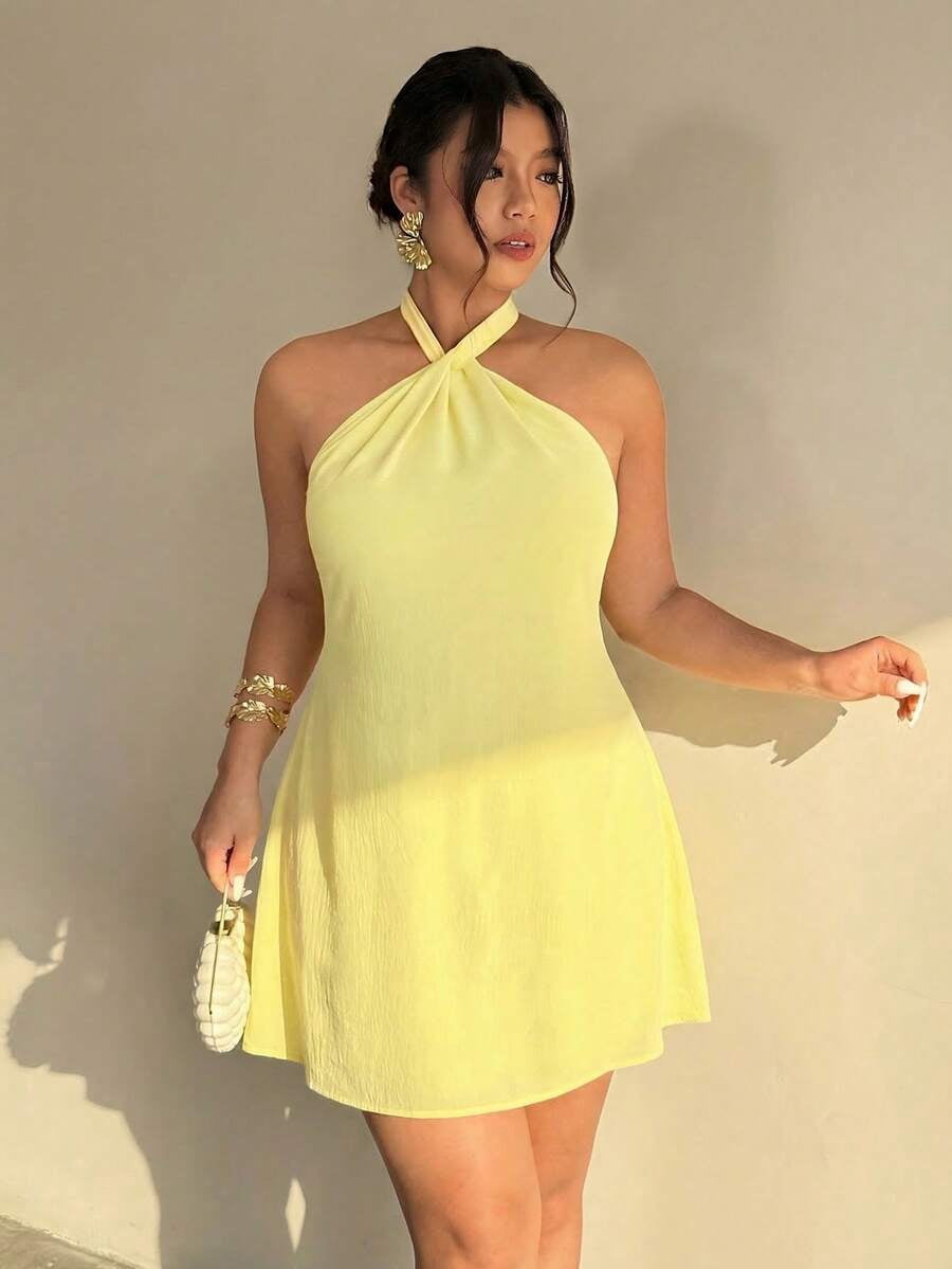 thumbnail image 6 of Plus Size Yellow Halter Neck Backless Mini Dress, 6 of 9