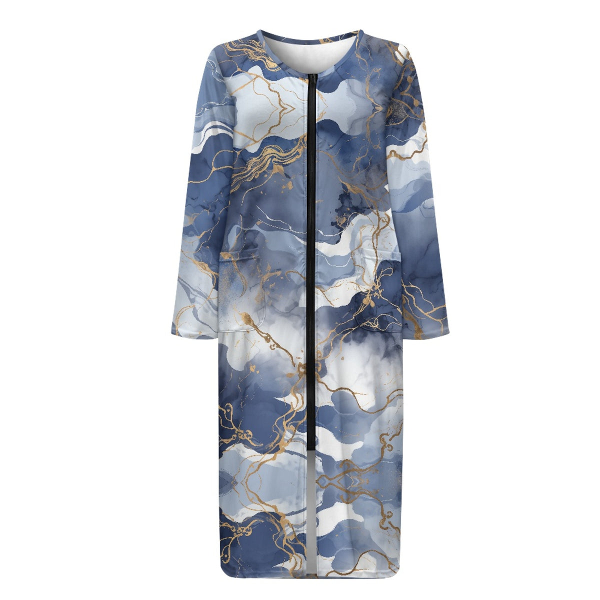 thumbnail image 5 of FOR U DESIGNS Blue Gold Marble Print Womens Nightgown Soft House Dresses for Women with Pockets, Lightweight Elastic Fabric Robes for Women Zipper Mumu Dress, S, 5 of 8