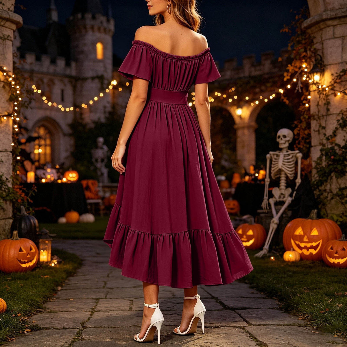 thumbnail image 3 of Women Off Shoulder High Low Midi Dress Ruffle Short Sleeve Tie Front Flowy Party Dress for Halloween Evening Wedding Guest, 3 of 6