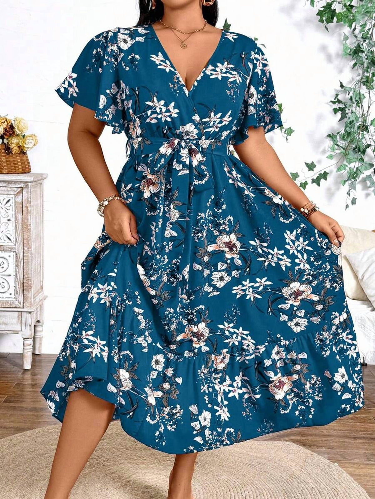 thumbnail image 4 of Plus Size Teal Blue Floral Print V-Neck Wrap Dress Short Sleeve A-Line Maxi, 4 of 6