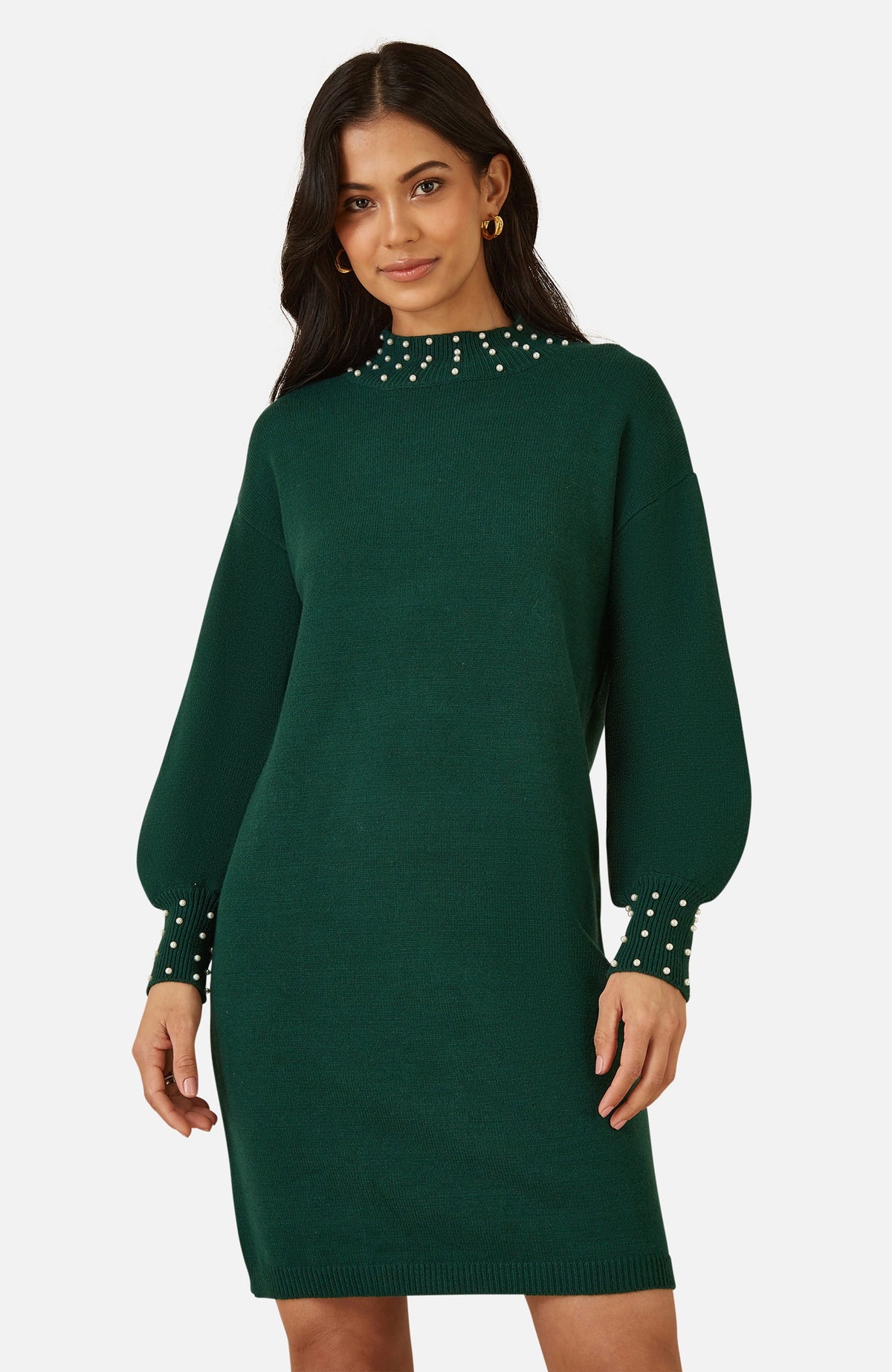 thumbnail image 3 of Yumi Bead Detail Knitted Sweater Dress - Green, M, 3 of 6