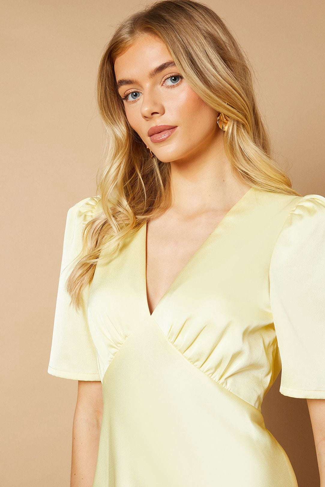 thumbnail image 3 of Oasis Satin V-Neck Midi Dress - Yellow, 4, 3 of 3