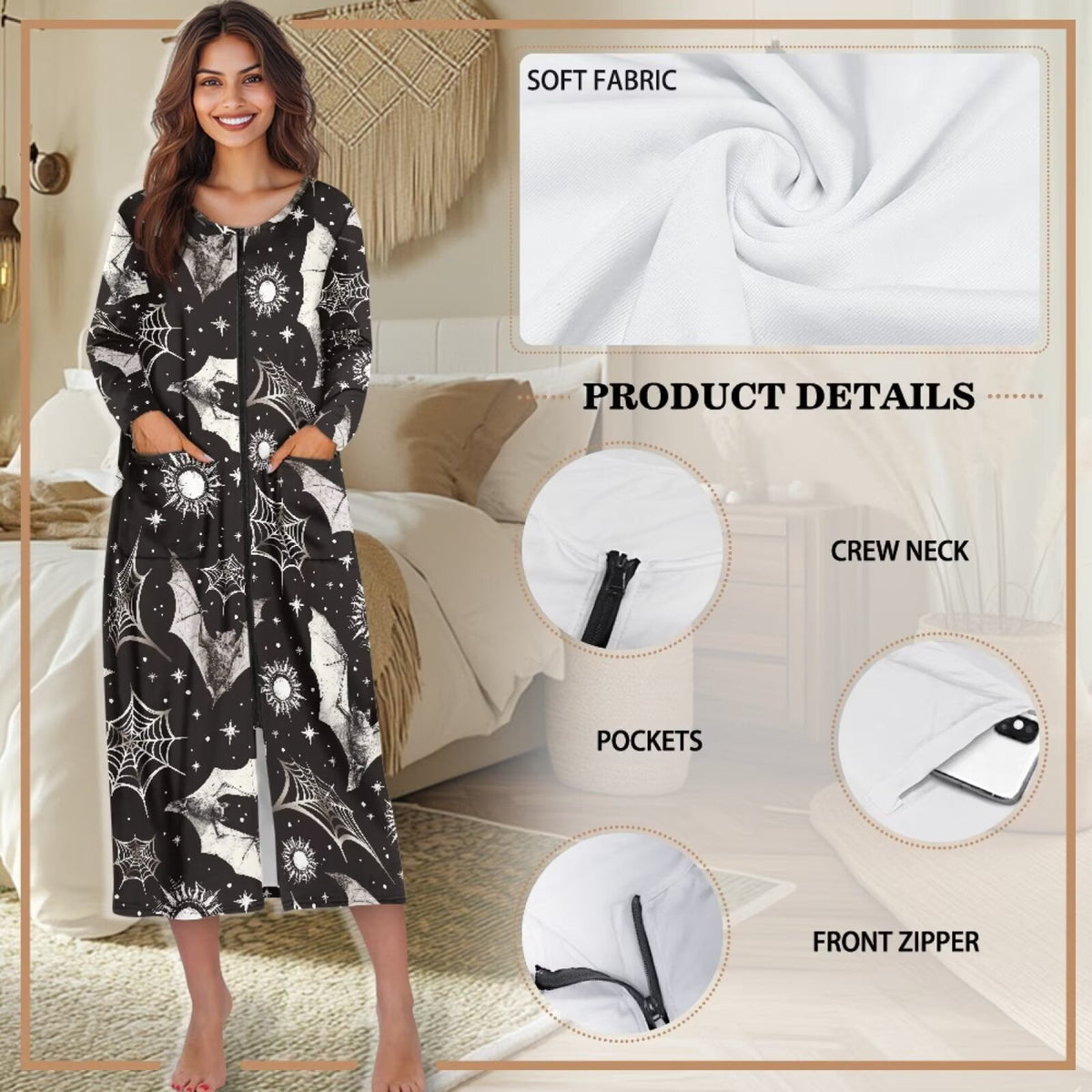 thumbnail image 5 of FKELYI Black Spiderweb Bat Star Print Women Zip Up Robe Nightgowns House Coats Full Length Soft House Dress Long Sleeve Bathrobe with 2 Pockets Nightwear, 4XL, 5 of 6