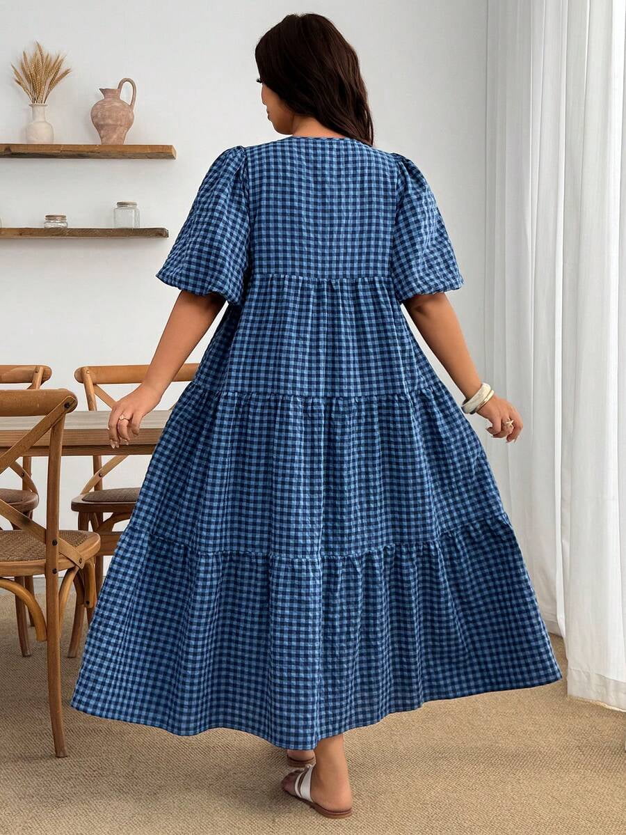 thumbnail image 2 of Womens Blue Gingham Tiered Dress With Puff Sleeves And Ruffle Hem, 2 of 8