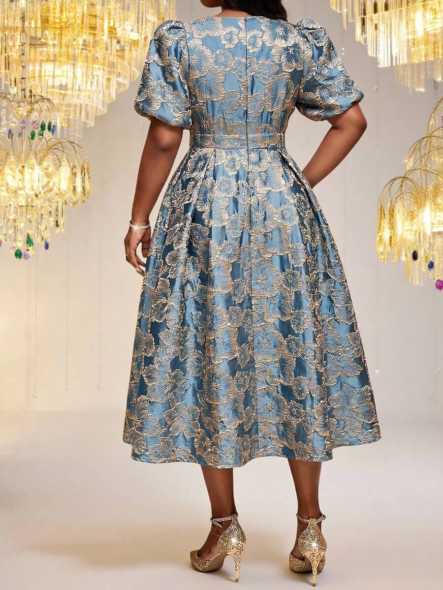 thumbnail image 2 of Womens Blue Floral Jacquard V-Neck Vintage 1950s Elegant Pleated Cocktail, 2 of 7