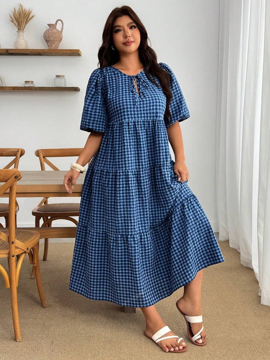 thumbnail image 6 of Womens Blue Gingham Tiered Dress With Puff Sleeves And Ruffle Hem, 6 of 8