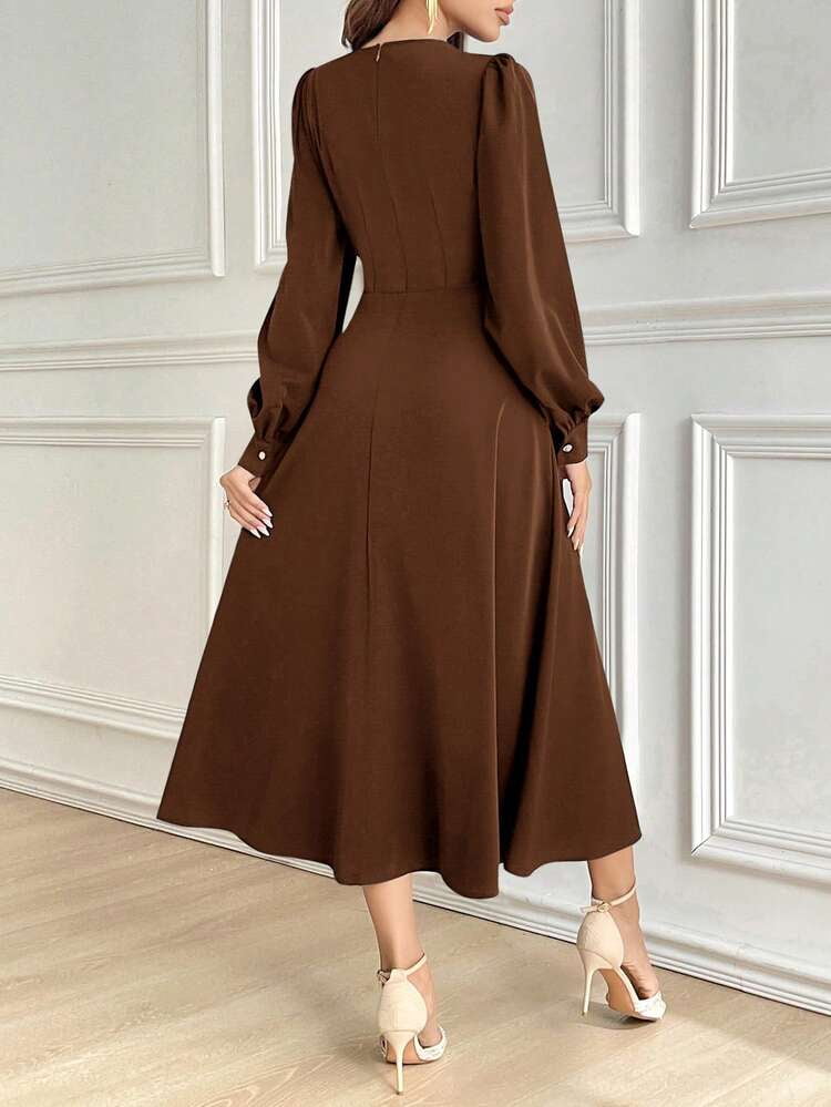 thumbnail image 2 of Coffee Brown Long Sleeve Midi Dress with Gathered Waist, 2 of 7