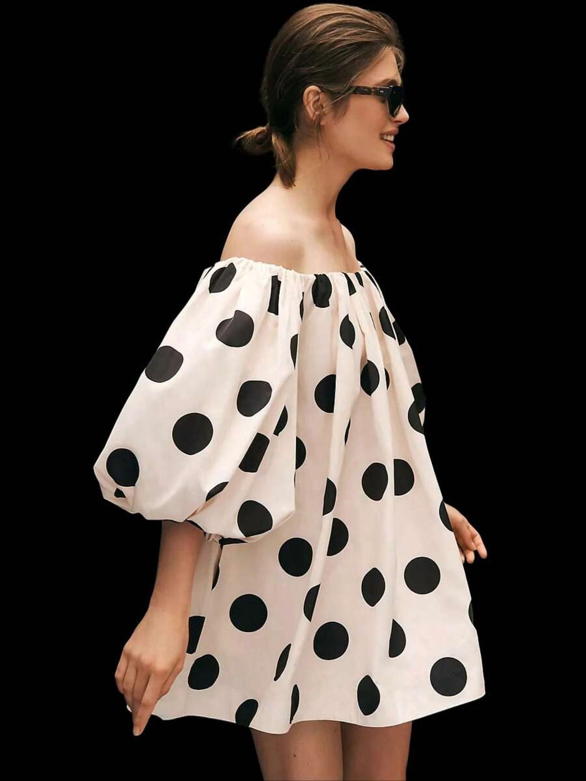 thumbnail image 2 of Womens Black and White Polka Dot Off Shoulder Loose Fit Mini Dress, 2 of 5