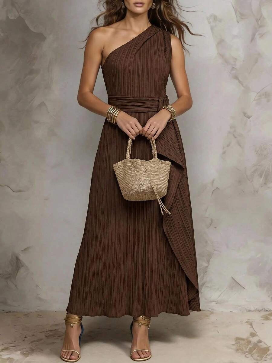 thumbnail image 3 of Womens One Shoulder Sleeveless Ruffle Long Dress - Brown, 3 of 6