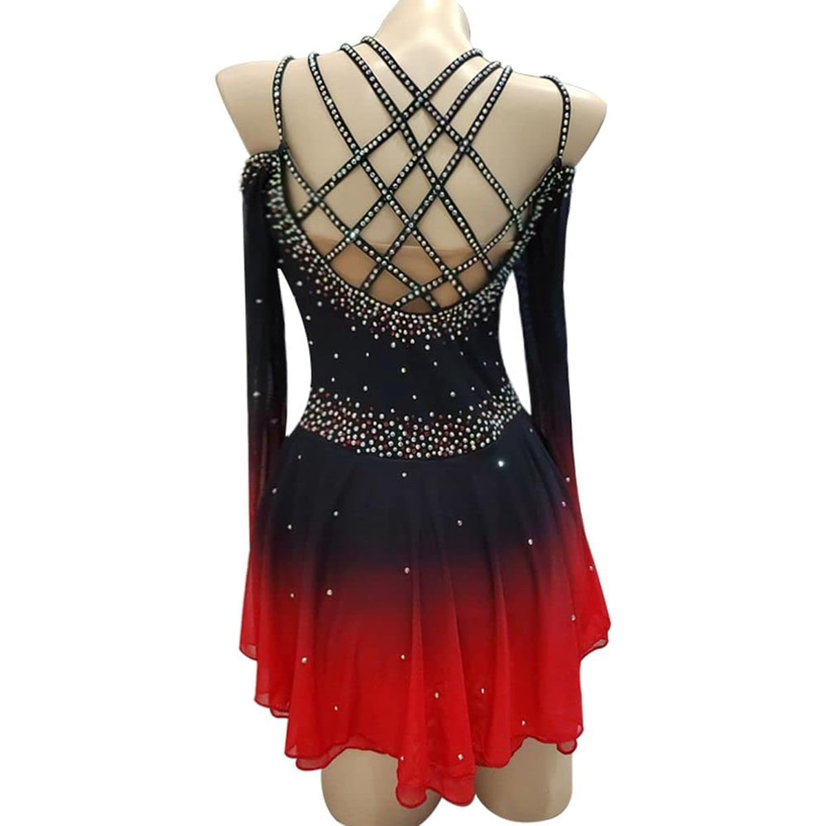 thumbnail image 3 of LIUHUO Custom Black - Red Gradient Spandex Ice Skating Dresses for Women & Girls - High Elasticity, Cross - Diamond Shoulder Straps, 3 of 7