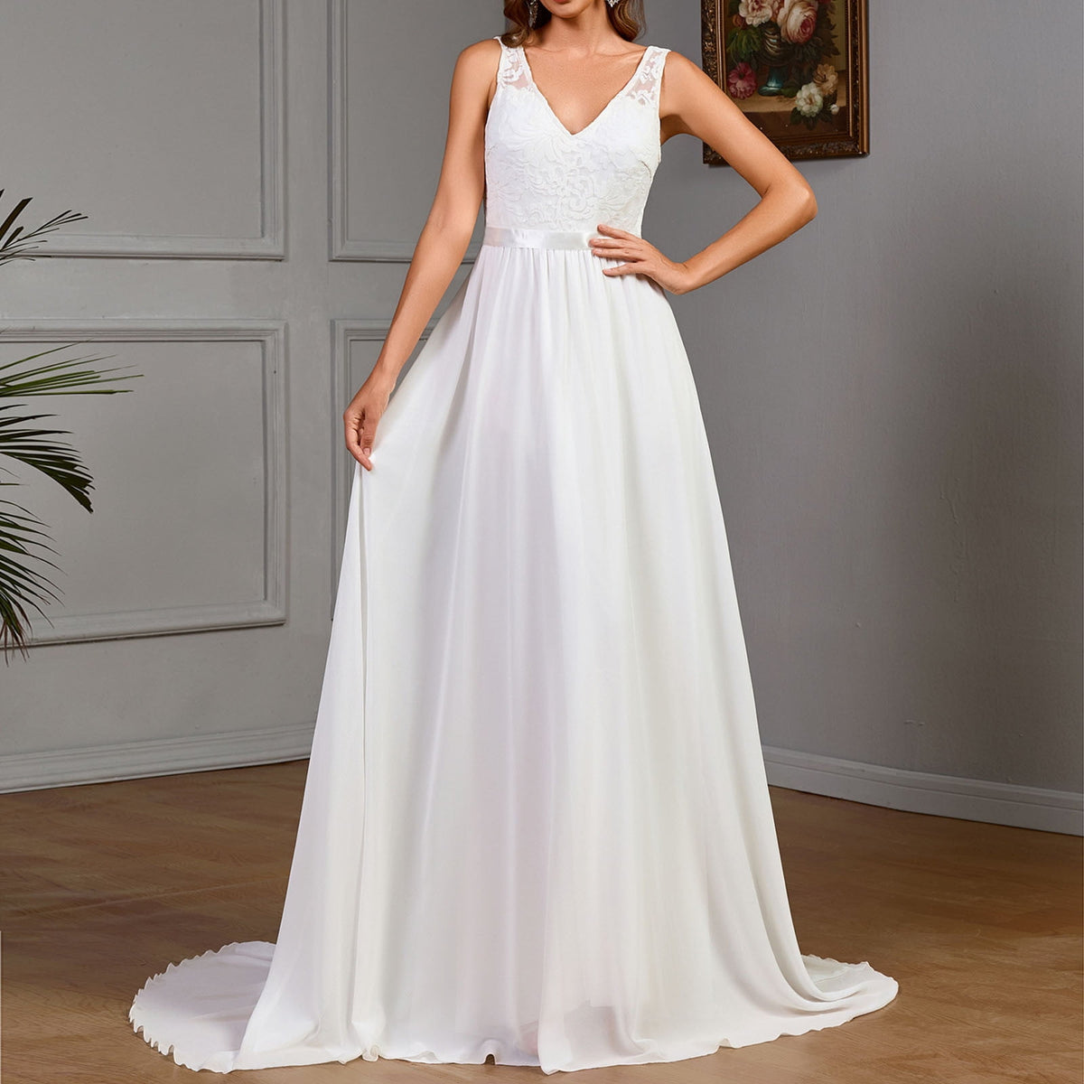 thumbnail image 2 of Cavosen Lace Mixi Dress V Neck Sleeveless Maxi Evening Gowns Solid Ball Dress Elegant A Line Wedding Guest Cocktail Party Dress, 2 of 8