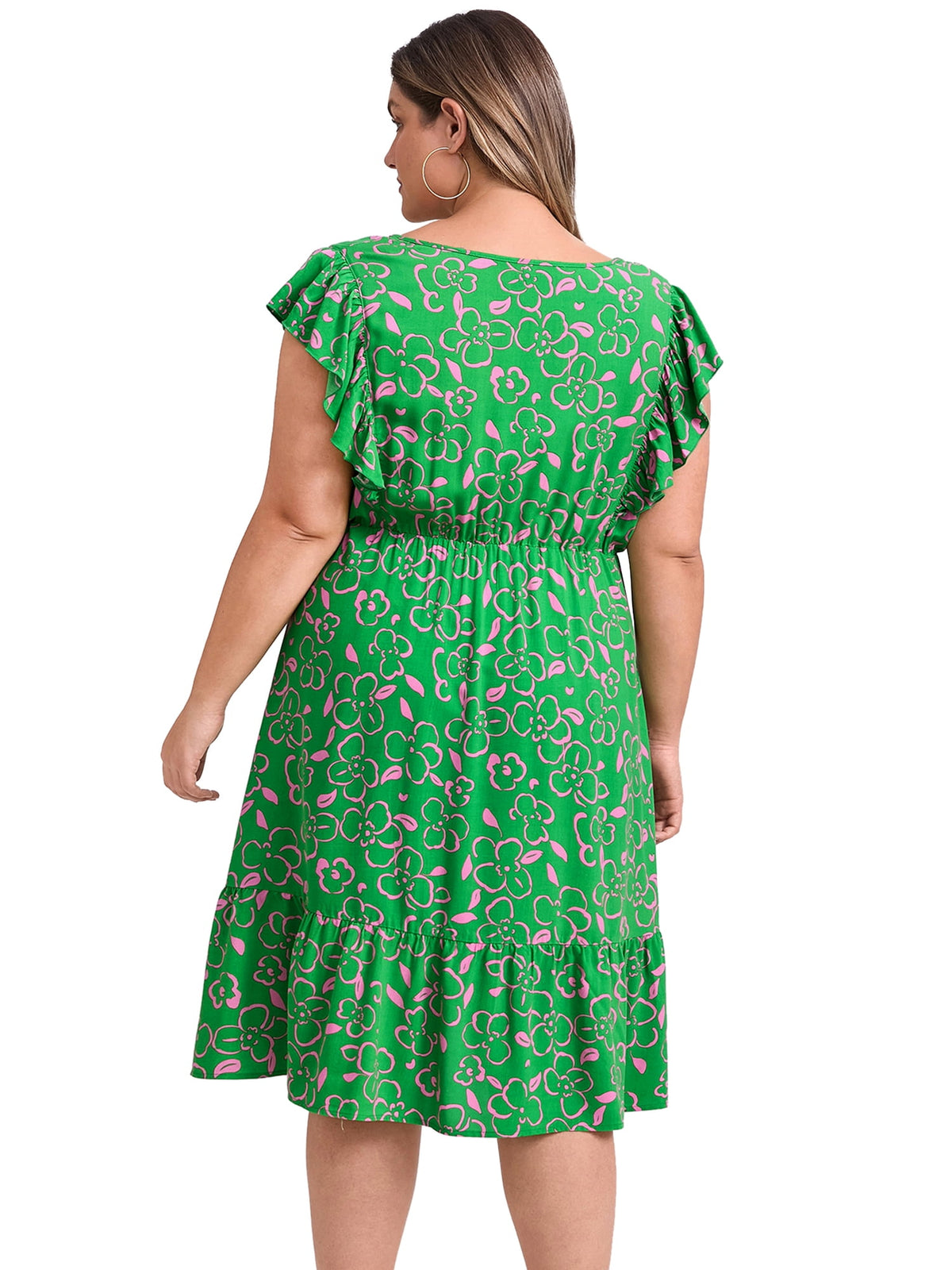 thumbnail image 3 of DARING DIVA Plus Size V Neck Ruffle Sleeve Knee Length Casual Dress 1X Green, 3 of 5