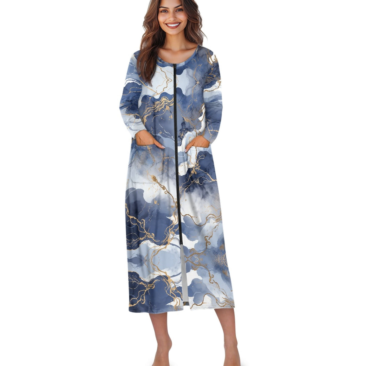 thumbnail image 4 of FOR U DESIGNS Blue Gold Marble Print Womens Nightgown Soft House Dresses for Women with Pockets, Lightweight Elastic Fabric Robes for Women Zipper Mumu Dress, S, 4 of 8