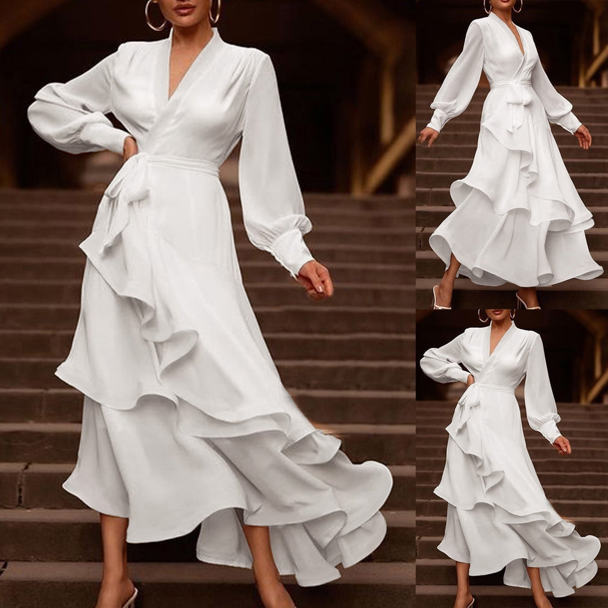 thumbnail image 2 of Sundresses for Women Casual Summer - Womens Summer Casual Boho Wrap V Neck Long Sleeve Evening Dress Cocktail Party Maxi Wedding Dresses Tiered with Belt, 2 of 8