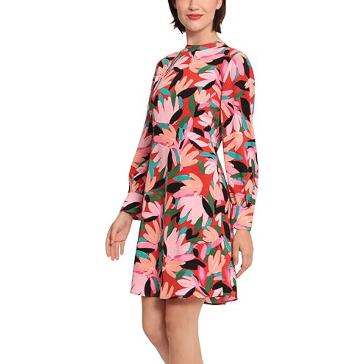 thumbnail image 2 of DONNA MORGAN Women's Mock Neck Long Sleeve Floral Print Shift Mini Dress (Pink, 12), 2 of 7