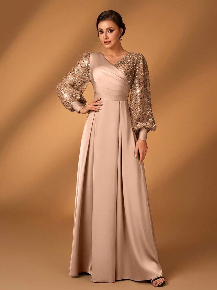 thumbnail image 7 of Champagne V Neck A Line Evening Dress with Sequin Lantern Sleeves, 7 of 7