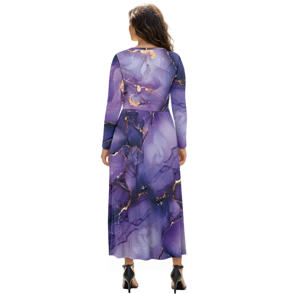 thumbnail image 2 of FKELYI Fall Maxi Dress for Women Long Sleeve A-Line Flowy Dresses with Side Pockets Marble Purple Gold Print V Neck Casual Dress for Spring Winter, 2XL, 2 of 6