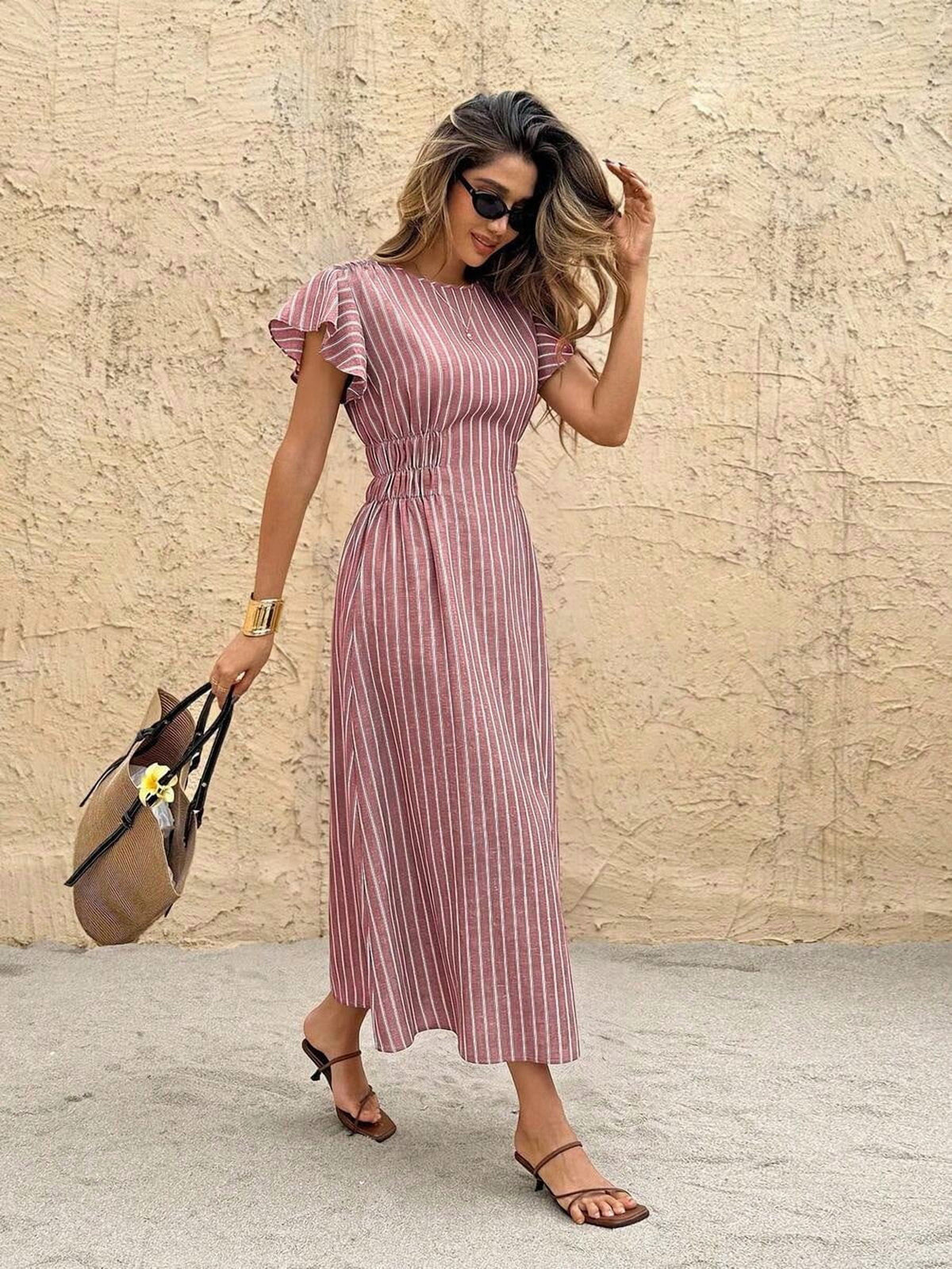 thumbnail image 3 of Womens Burgundy Ruffle Sleeve Vertical Stripe Midi Dress Summer Vacation, 3 of 7