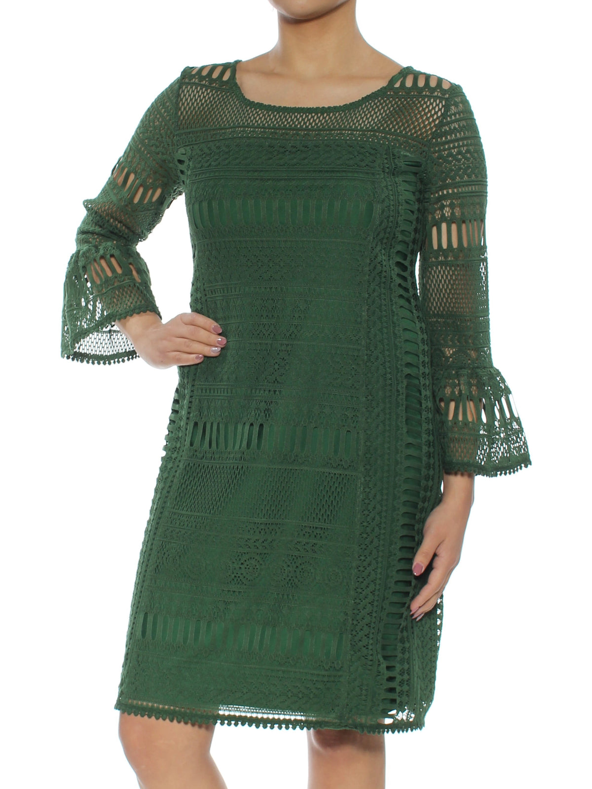 thumbnail image 2 of ALFANI Womens Green Crochet Illusion Bell Sleeve Scoop Neck Knee Length Shift Party Dress Size: 4, 2 of 3