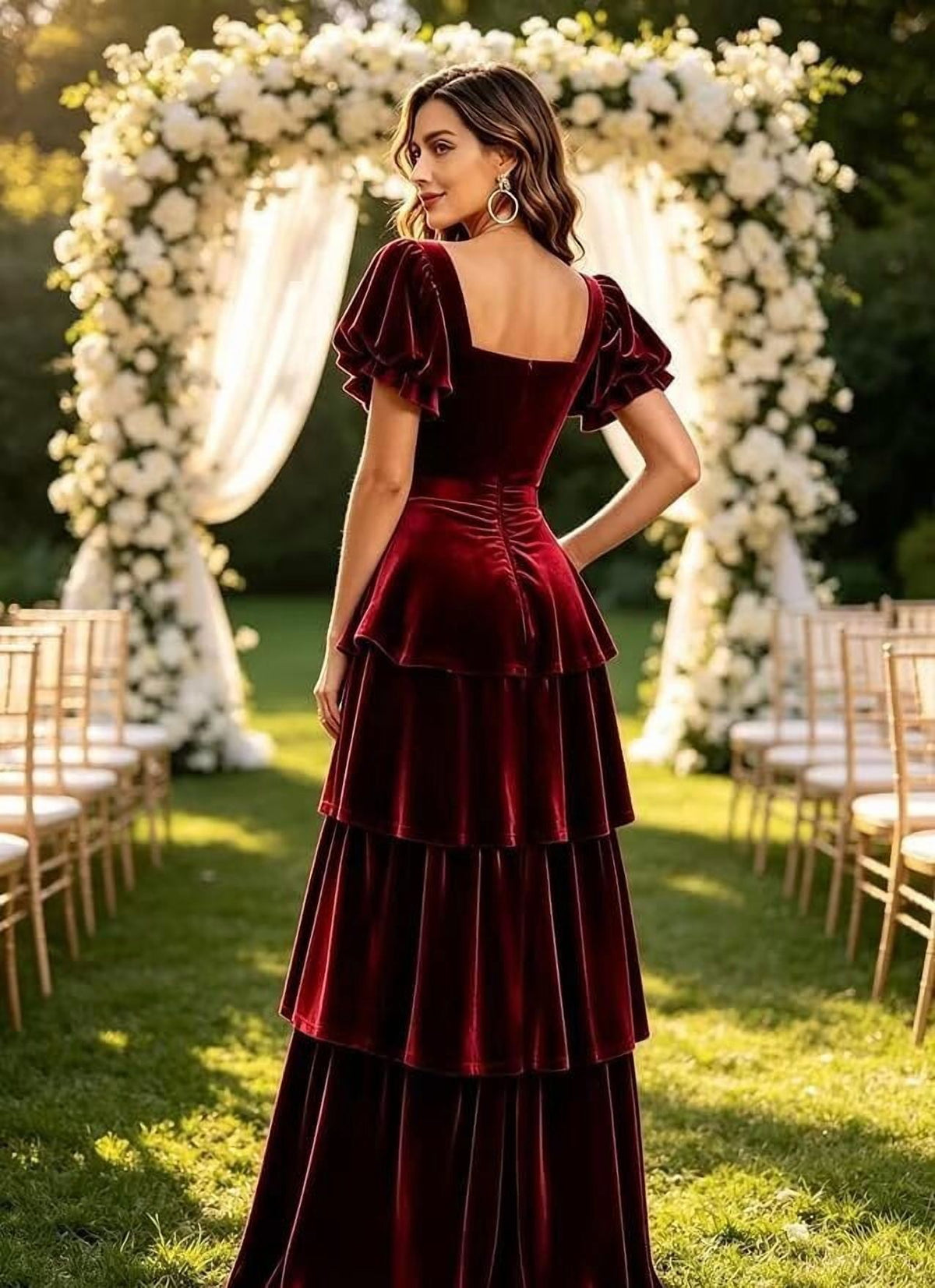 thumbnail image 3 of optkeat Women's Velvet Tiered Maxi Dress Square Neck Bow Cutout Flutter Sleeve Formal Evening Party Gown, 3 of 7