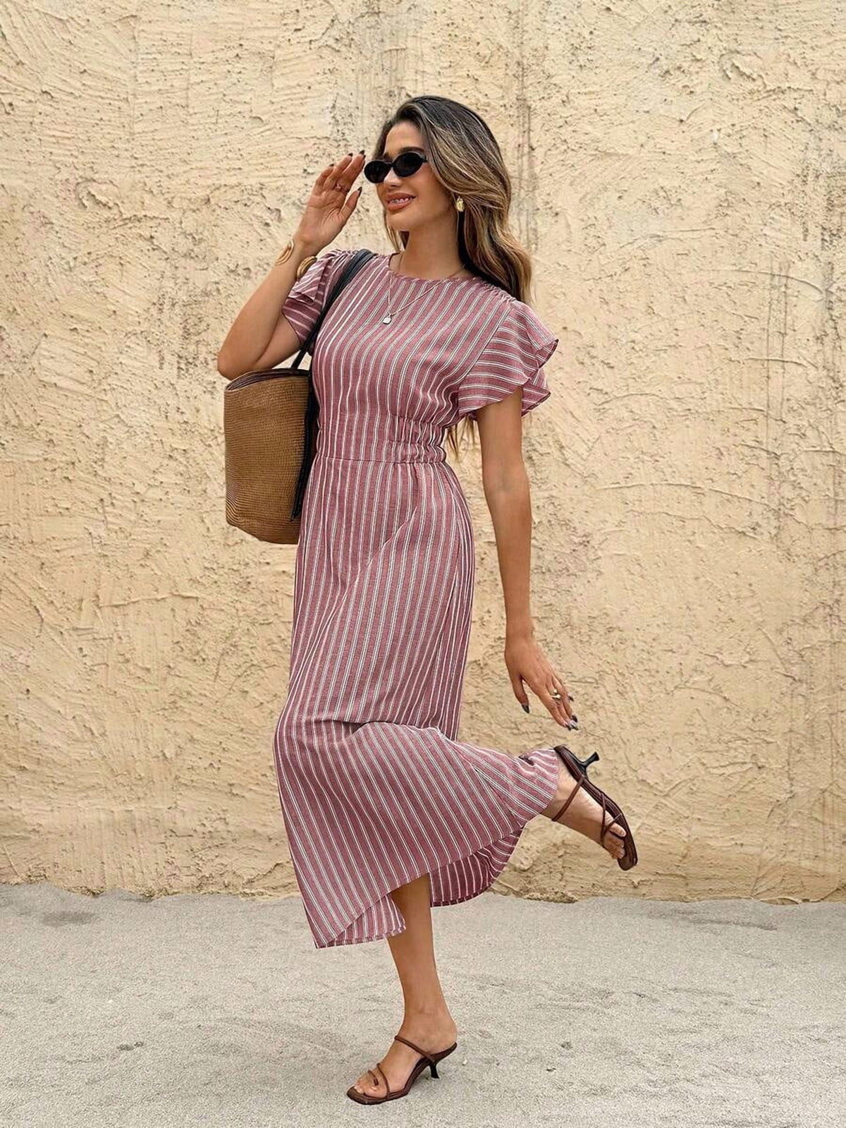thumbnail image 4 of Womens Burgundy Ruffle Sleeve Vertical Stripe Midi Dress Summer Vacation, 4 of 7