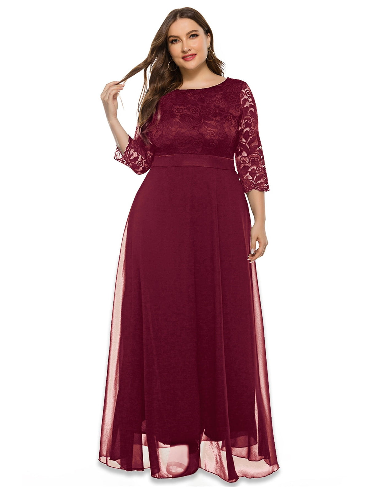 thumbnail image 5 of Women's Plus Size Lace Contrast Chiffon V Neck Flowy Cocktail Wedding Guest Midi Dress, 5 of 10