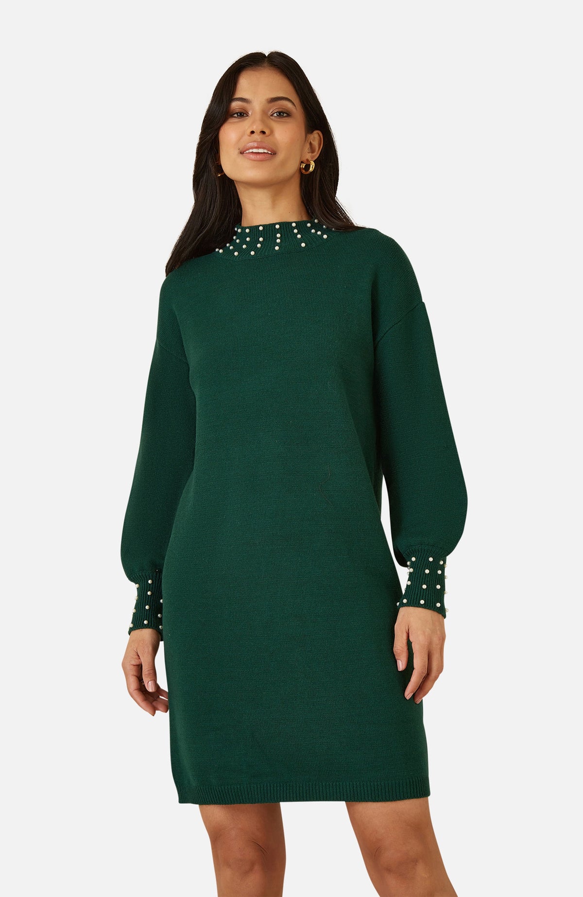 thumbnail image 4 of Yumi Bead Detail Knitted Sweater Dress - Green, M, 4 of 6