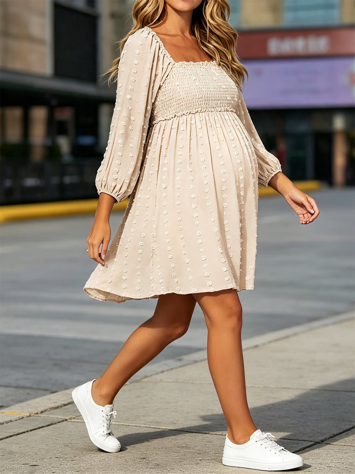 thumbnail image 4 of Women Long Sleeve Maternity Dress Square Neck Swiss Dot Casual Loose Short Dresses, 4 of 6