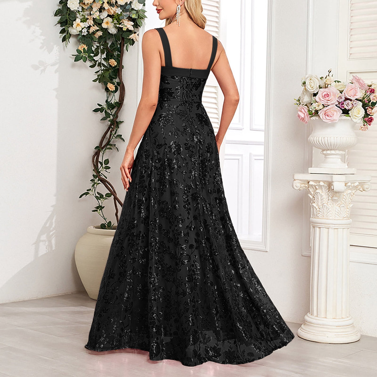 thumbnail image 4 of Oplxuo Women's Sequins Sexy Slit Evening Maxi Dress - Elegant Spaghetti Strap Square Neck A-Line Long Cocktail Party Dresses, 4 of 4