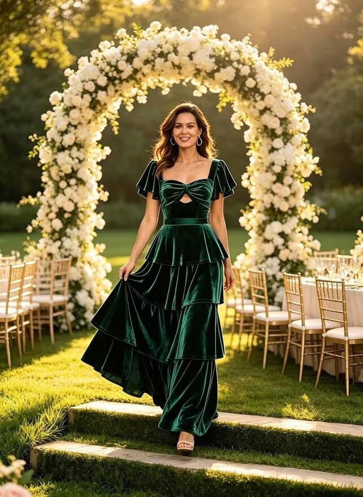 thumbnail image 5 of optkeat Women's Velvet Tiered Maxi Dress Square Neck Bow Cutout Flutter Sleeve Formal Evening Party Gown, 5 of 7