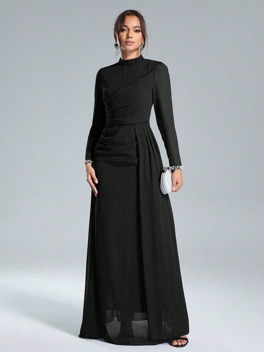 thumbnail image 4 of Black Long Sleeve Formal Evening Gown with Sequin Pearl Cuffs, 4 of 8
