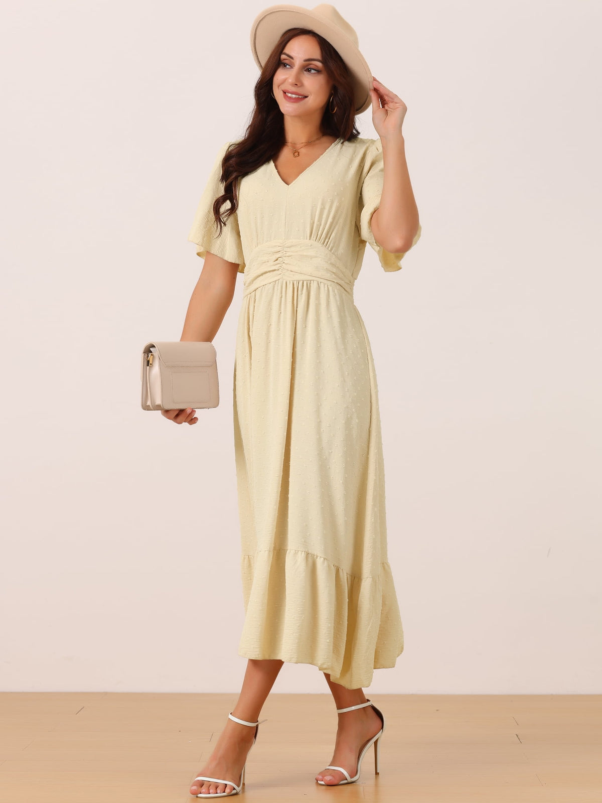 thumbnail image 2 of DARING DIVA Women's Swiss Dots Ruffle Midi Dresses S Apricot, 2 of 5