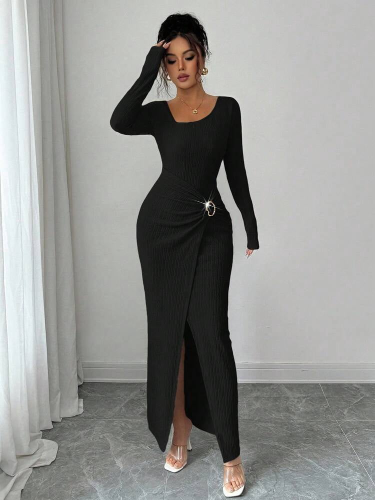 thumbnail image 6 of Black Asymmetrical Neck Knitted Long Dress with Ornamental Buckle, 6 of 7