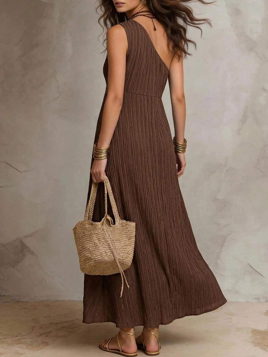 thumbnail image 2 of Womens One Shoulder Sleeveless Ruffle Long Dress - Brown, 2 of 6