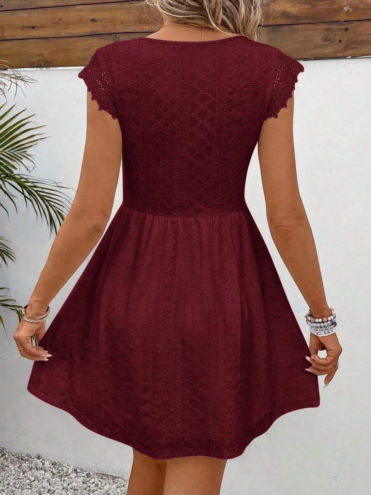 thumbnail image 2 of Burgundy Eyelet Lace V-Neck Short Sleeve A-Line Mini Dress, 2 of 30