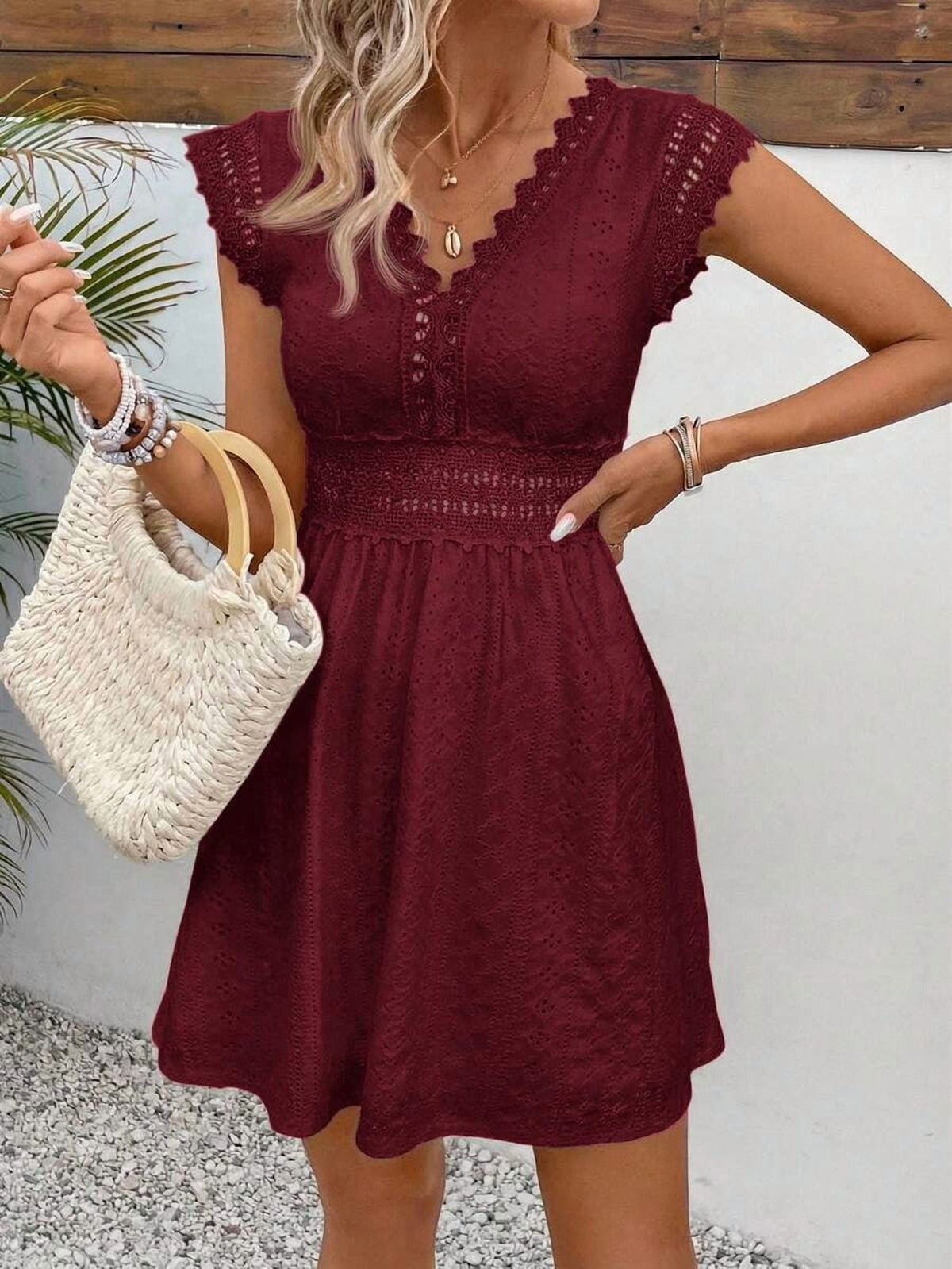 thumbnail image 6 of Burgundy Eyelet Lace V-Neck Short Sleeve A-Line Mini Dress, 6 of 30