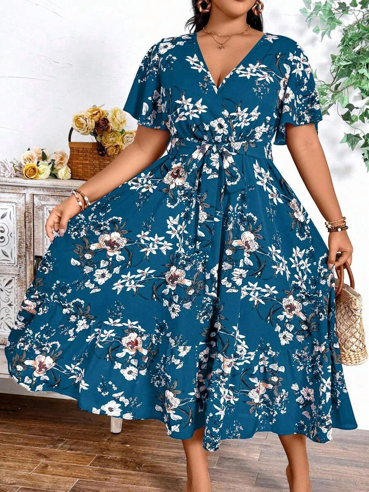 thumbnail image 6 of Plus Size Teal Blue Floral Print V-Neck Wrap Dress Short Sleeve A-Line Maxi, 6 of 6