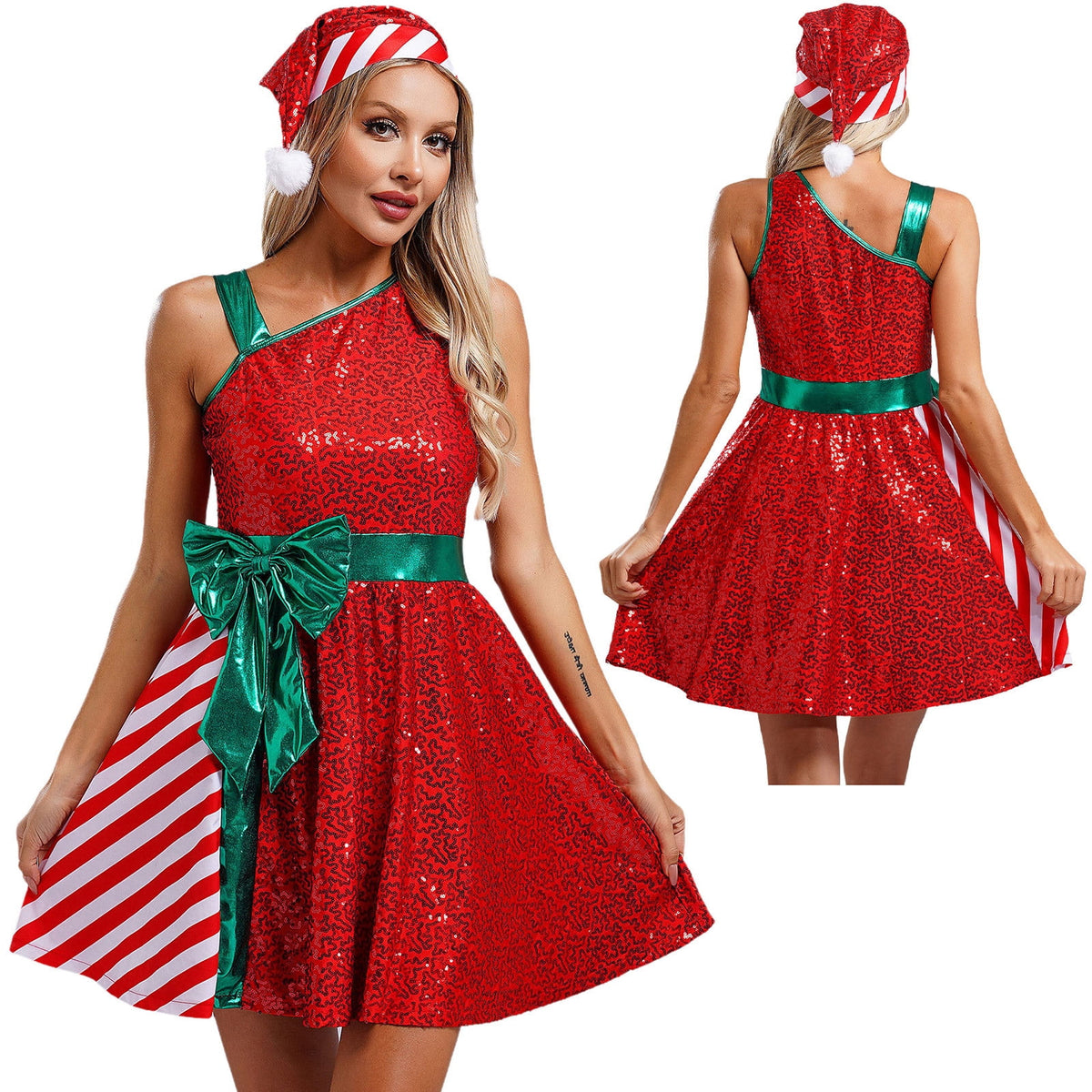 thumbnail image 1 of iiniim Women's Christmas Dance Dress Mrs.Santa Claus Shiny Sequin Xmas Party Dress with Hat Red 3XL, 1 of 7