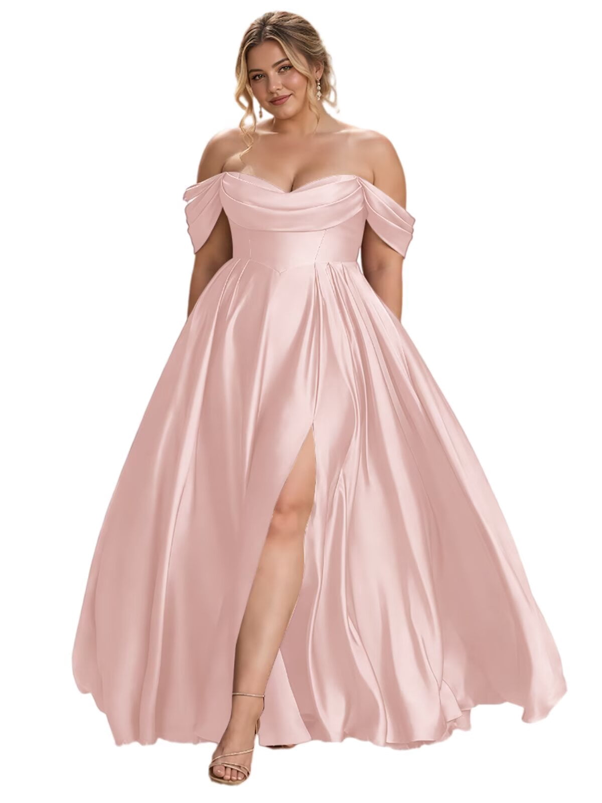thumbnail image 1 of optkeat Women's Plus Size Off The Shoulder Satin Bridesmaid Dress, Slit A Line Formal Maxi Evening Gown, 1 of 9