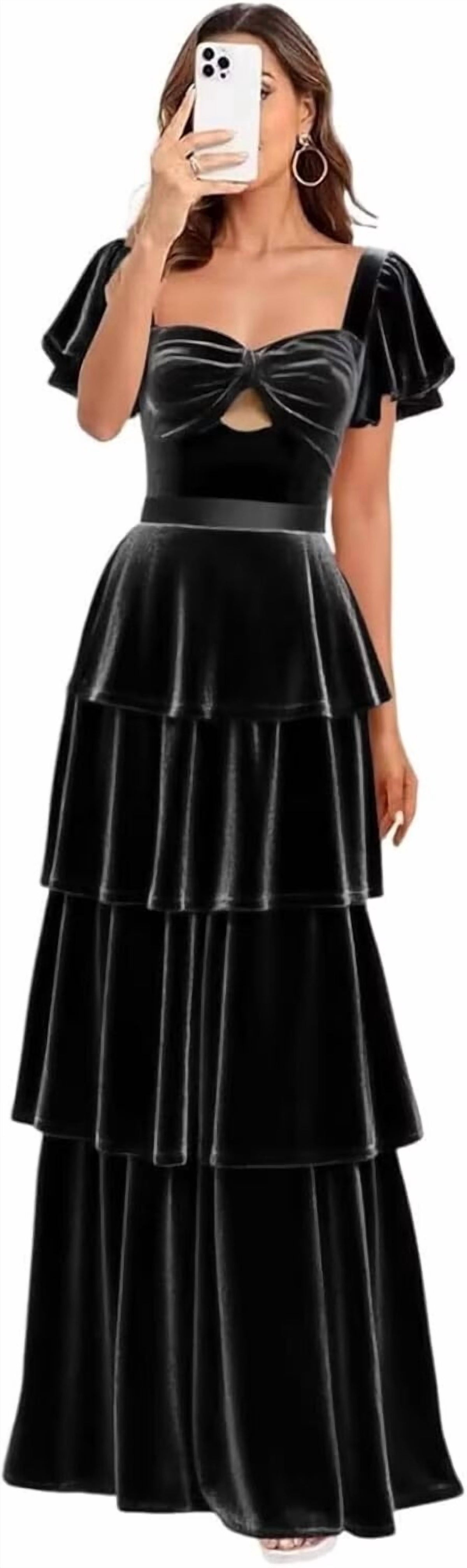 thumbnail image 1 of optkeat Women's Velvet Tiered Maxi Dress Square Neck Bow Cutout Flutter Sleeve Formal Evening Party Gown, 1 of 7